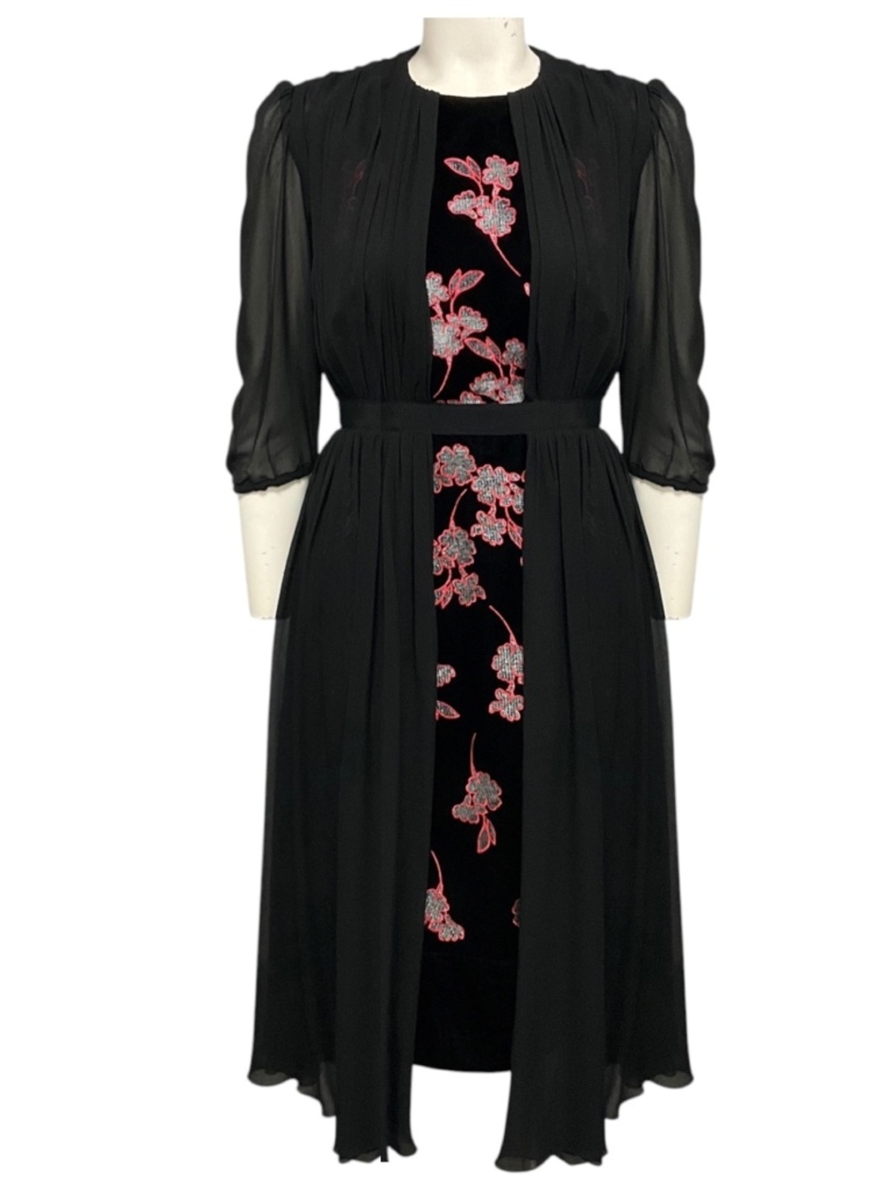 GIAMBATTISTA VALLI BLACK / PINK FLORAL EMBROIDERED VELVET AND CHIFFON MIDI DRESS
